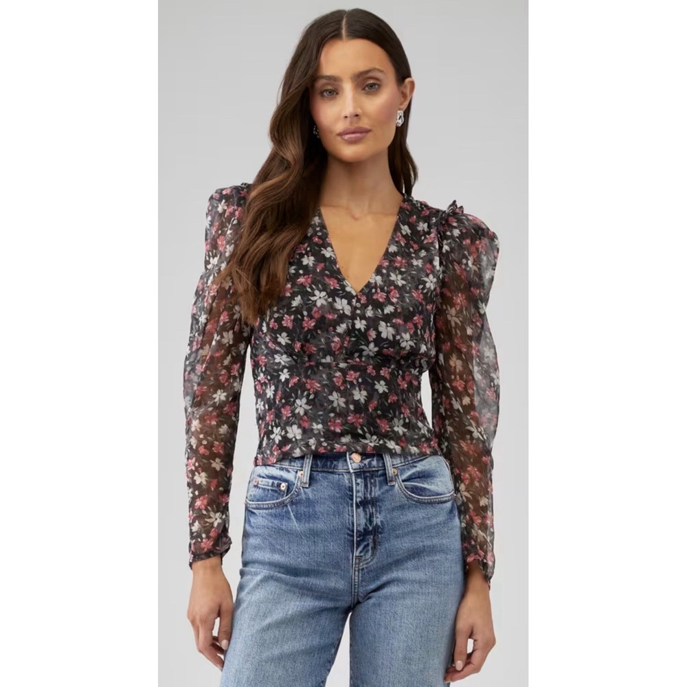 ASTR the Label Beverly Printed Puff Sleeve Blouse Med Fuchsia Gold Floral Ditsy